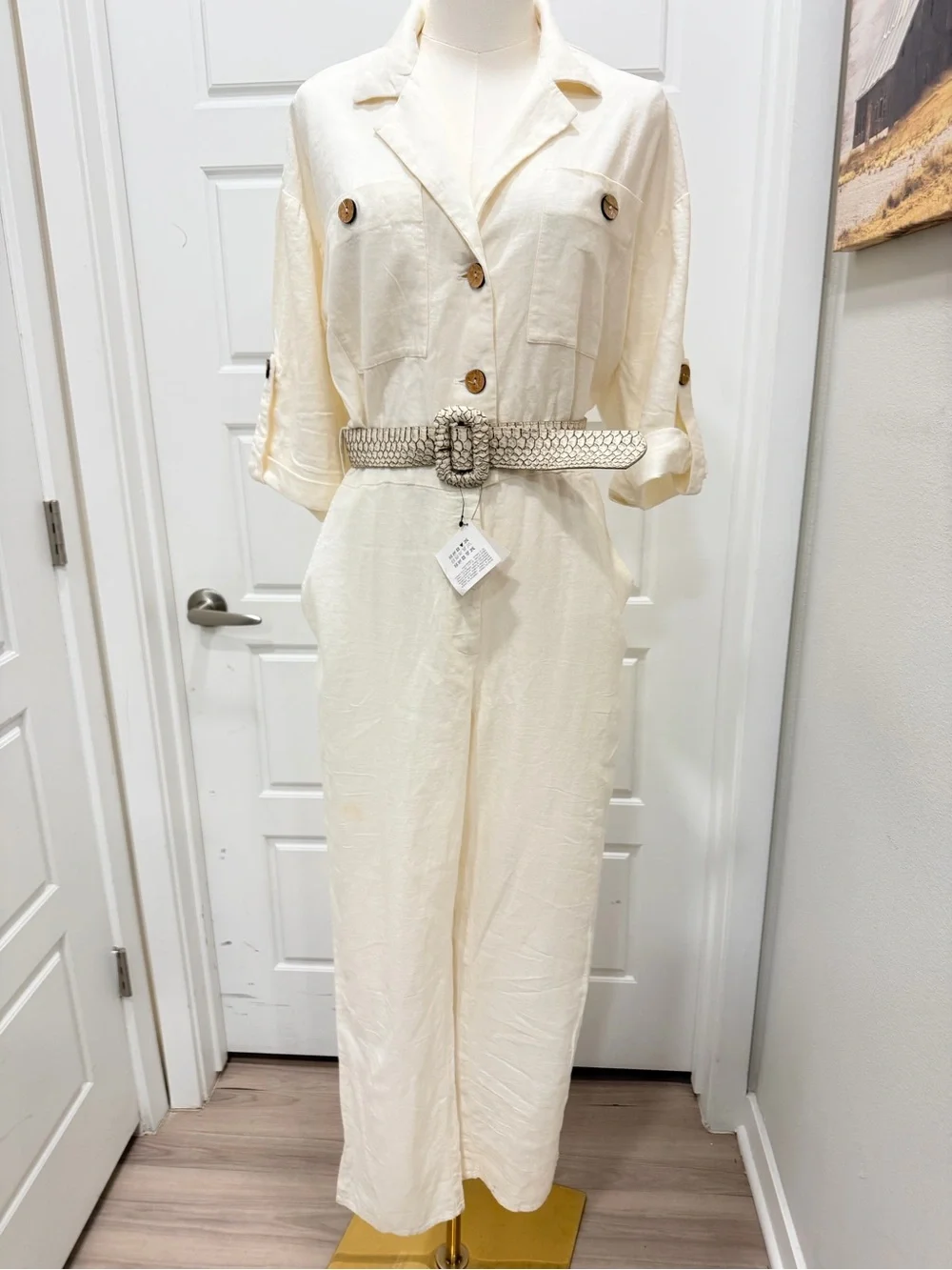 Zara Cream Linen- Blend Utility Jumpsuit with Statement Belt